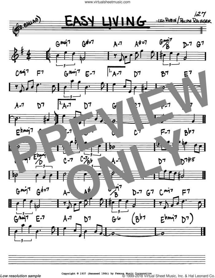Easy Living sheet music for voice and other instruments (in Bb) by Billie Holiday, Leo Robin and Ralph Rainger, intermediate skill level