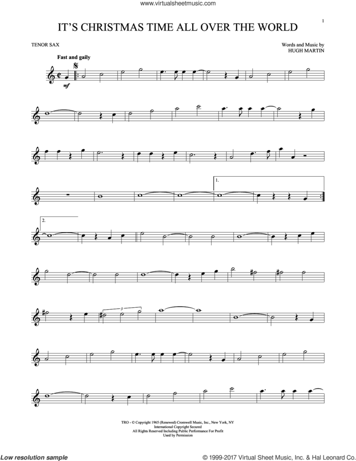 It's Christmas Time All Over The World sheet music for tenor saxophone solo by Hugh Martin, intermediate skill level