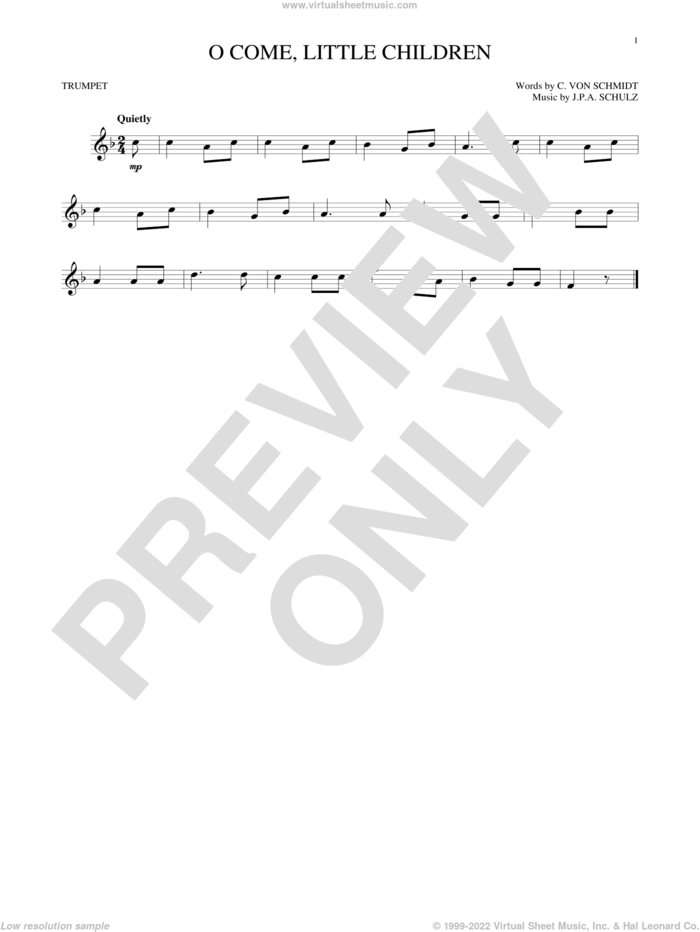 O Come, Little Children sheet music for trumpet solo by J.A.P. Schulz and Cristoph Von Schmid, intermediate skill level