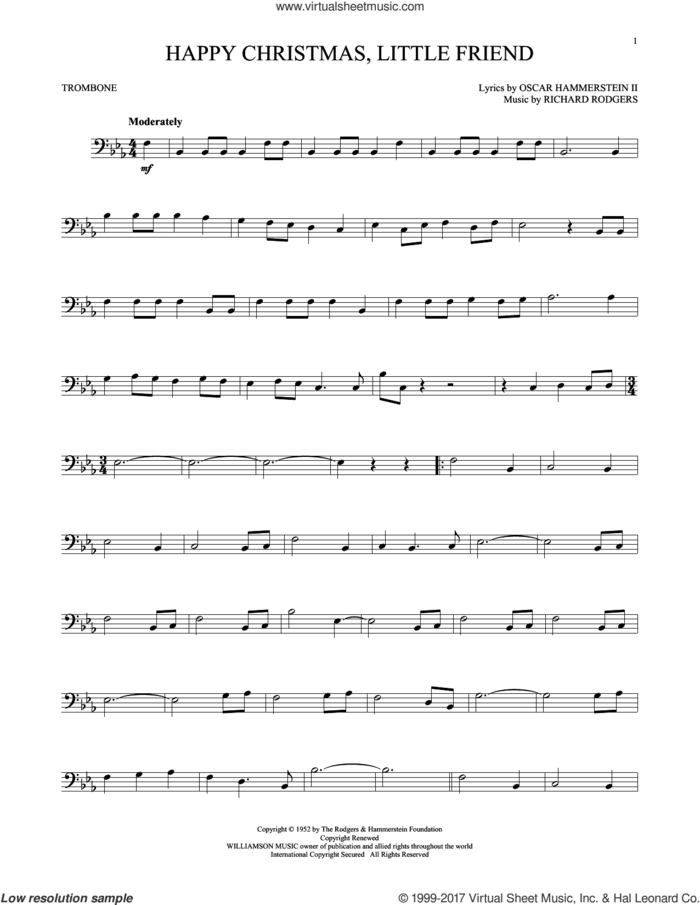 Happy Christmas, Little Friend sheet music for trombone solo by Rodgers & Hammerstein, Oscar II Hammerstein and Richard Rodgers, intermediate skill level