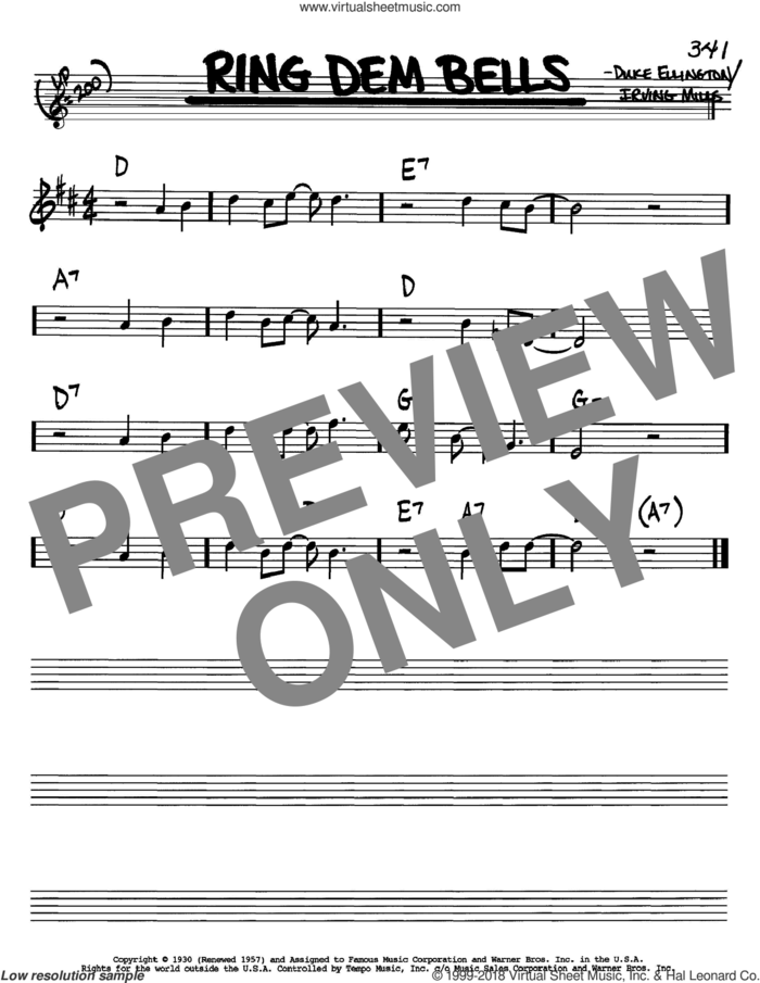 Ring Dem Bells sheet music for voice and other instruments (in Bb) by Duke Ellington and Irving Mills, intermediate skill level
