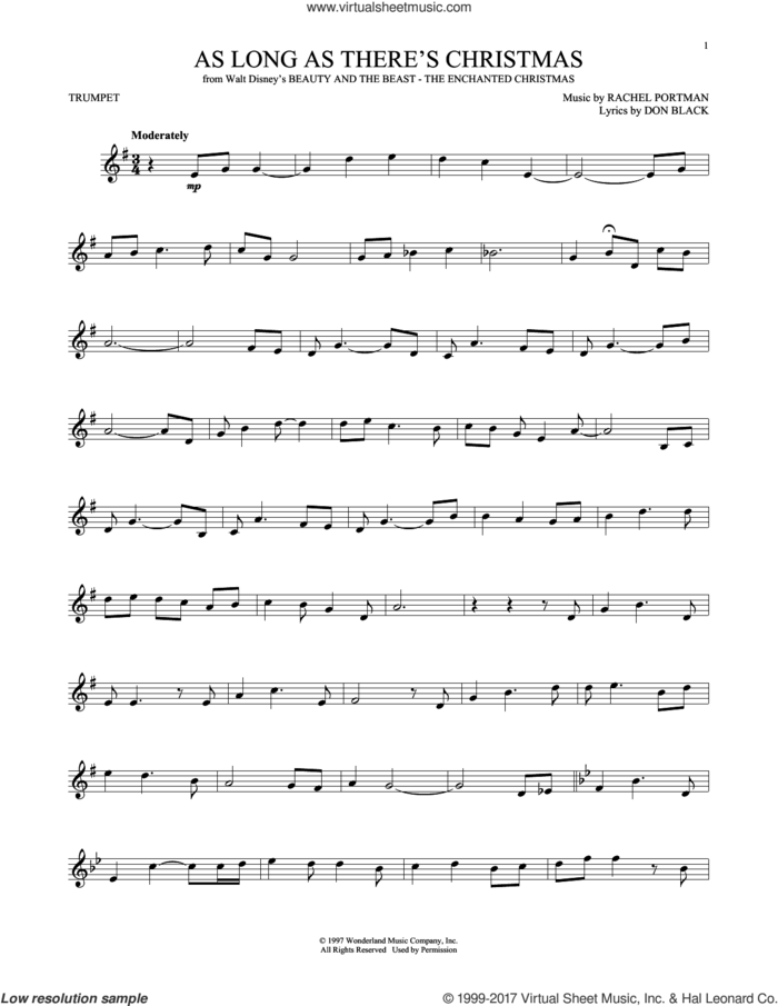 As Long As There's Christmas sheet music for trumpet solo by Peabo Bryson and Roberta Flack, Don Black and Rachel Portman, intermediate skill level