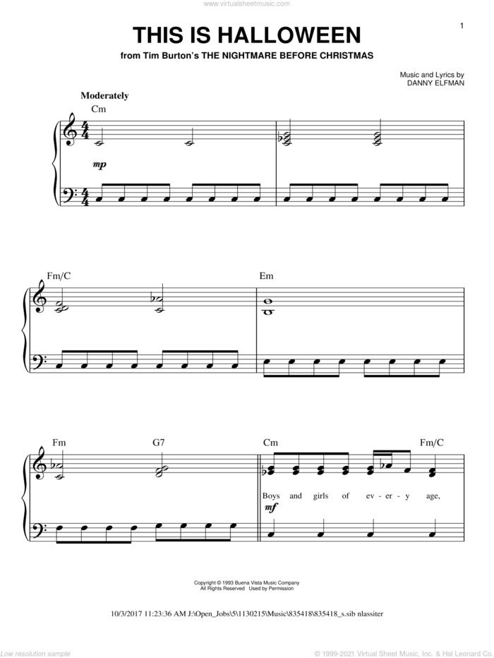 This Is Halloween (from The Nightmare Before Christmas) sheet music for piano solo by Danny Elfman, easy skill level