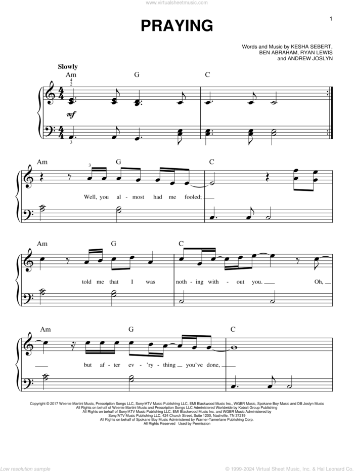 Praying sheet music for piano solo by Kesha, Andrew Joslyn, Ben Abraham, Kesha Sebert and Ryan Lewis, easy skill level