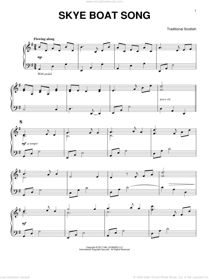 The Skye Boat Song, (intermediate) sheet music for piano solo, intermediate skill level