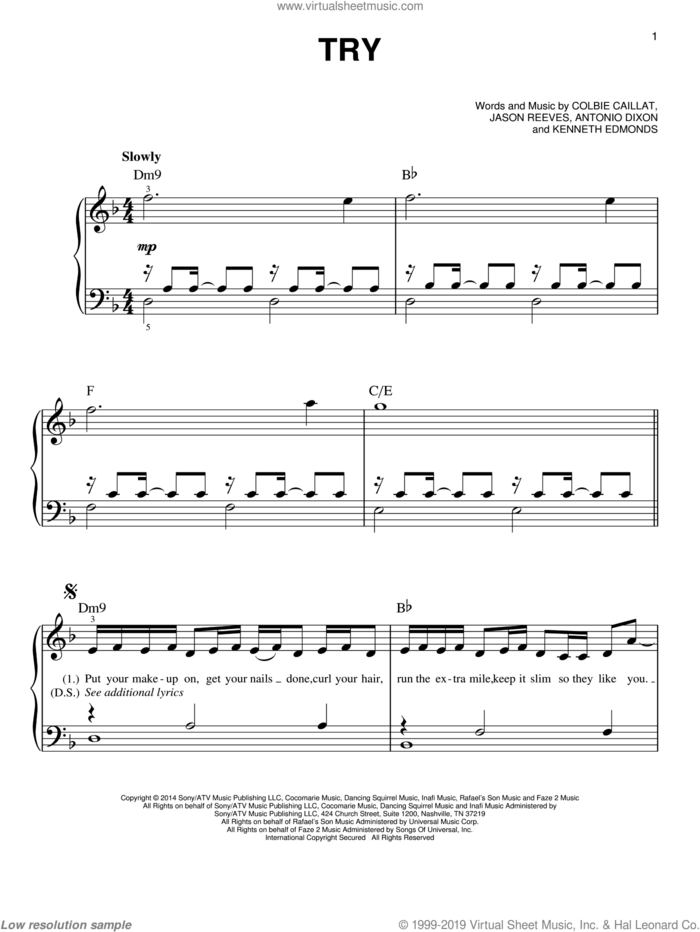 Try sheet music for piano solo by Colbie Caillat, Antonio Dixon, Jason Reeves and Kenneth Edmonds, easy skill level