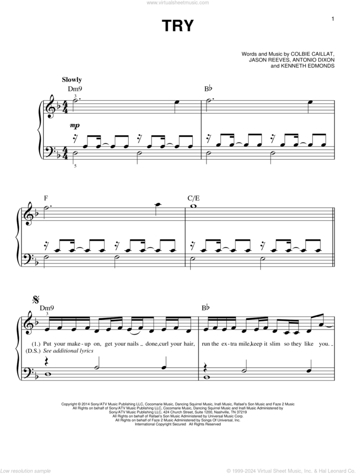 Try sheet music for piano solo by Colbie Caillat, Antonio Dixon, Jason Reeves and Kenneth Edmonds, easy skill level