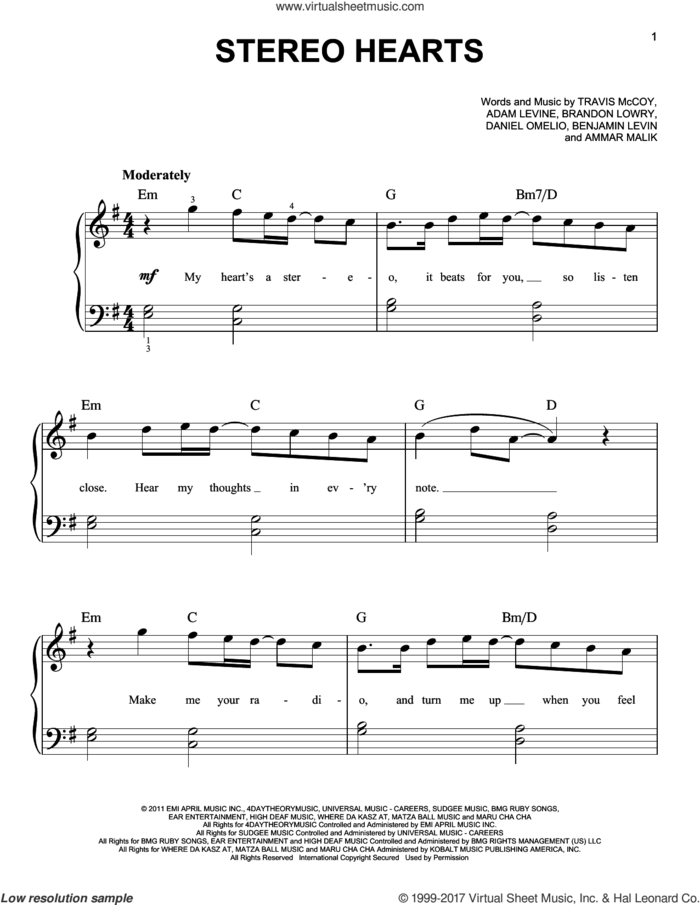 Stereo Hearts (feat. Adam Levine) sheet music for piano solo by Gym Class Heroes featuring Adam Levine, Gym Class Heroes, Adam Levine, Ammar Malik, Benjamin Levin, Brandon Lowry, Daniel Omelio and Travis McCoy, easy skill level