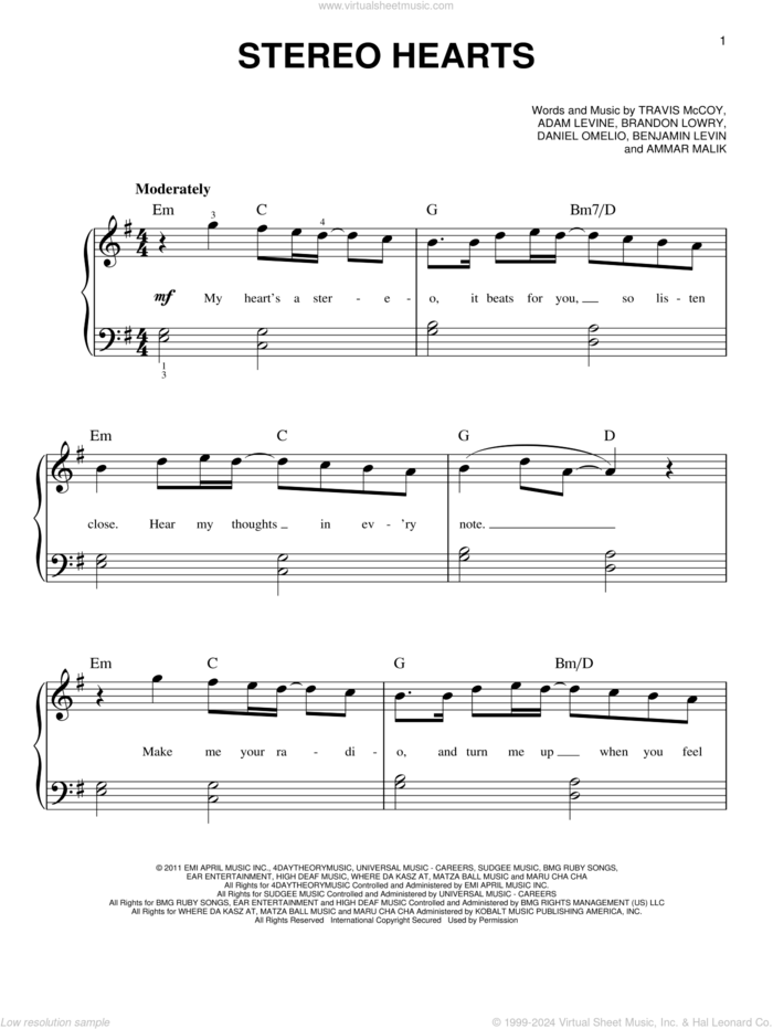 Stereo Hearts (feat. Adam Levine) sheet music for piano solo by Gym Class Heroes featuring Adam Levine, Gym Class Heroes, Adam Levine, Ammar Malik, Benjamin Levin, Brandon Lowry, Daniel Omelio and Travis McCoy, easy skill level