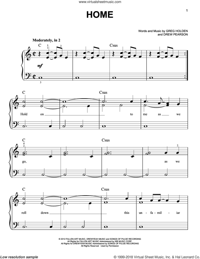 Home sheet music for piano solo by Phillip Phillips, Drew Pearson and Greg Holden, easy skill level