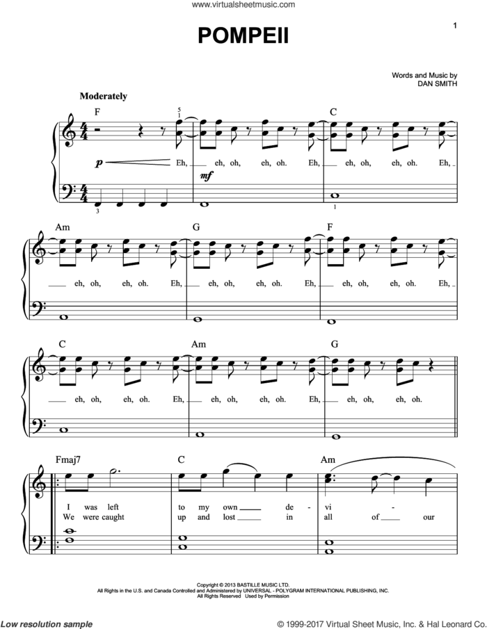 Pompeii sheet music for piano solo by Bastille and Dan Smith, easy skill level