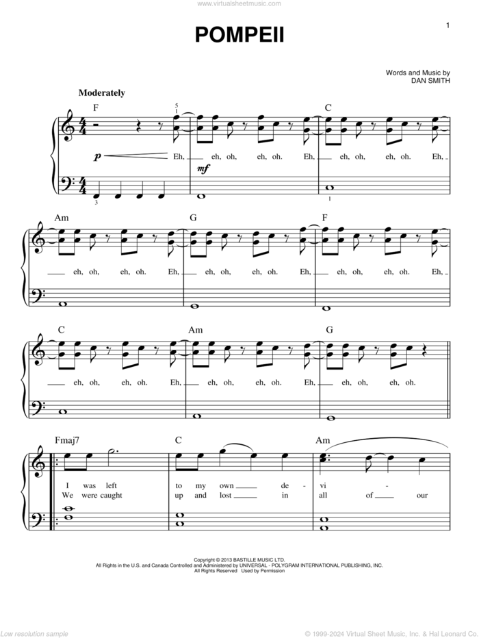 Pompeii sheet music for piano solo by Bastille and Dan Smith, easy skill level