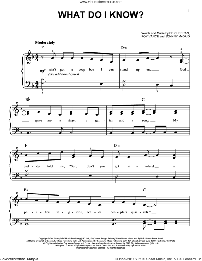 What Do I Know? sheet music for piano solo by Ed Sheeran, Foy Vance and Johnny McDaid, easy skill level