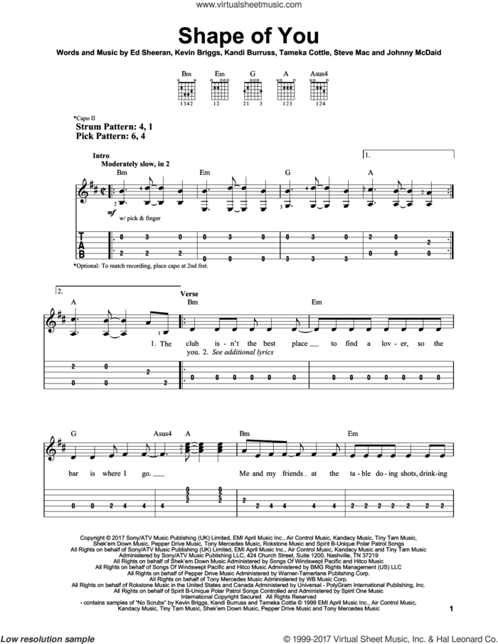 Shape Of You sheet music for guitar solo (easy tablature) by Ed Sheeran, Johnny McDaid, Kandi Burruss, Kevin Briggs, Steve Mac and Tameka Cottle, easy guitar (easy tablature)