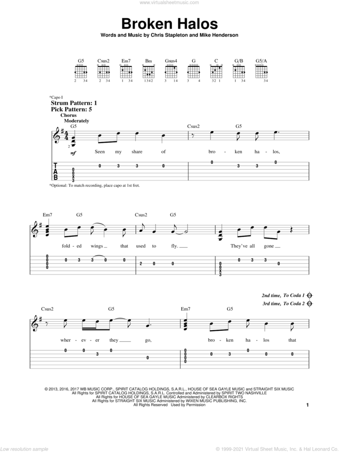 Broken Halos sheet music for guitar solo (easy tablature) by Chris Stapleton and Mike Henderson, easy guitar (easy tablature)