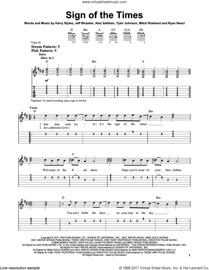 Sign Of The Times sheet music for guitar solo (easy tablature) by Harry Styles, Alex Salibian, Jeff Bhasker, Mitch Rowland, Ryan Nasci and Tyler Johnson, easy guitar (easy tablature)