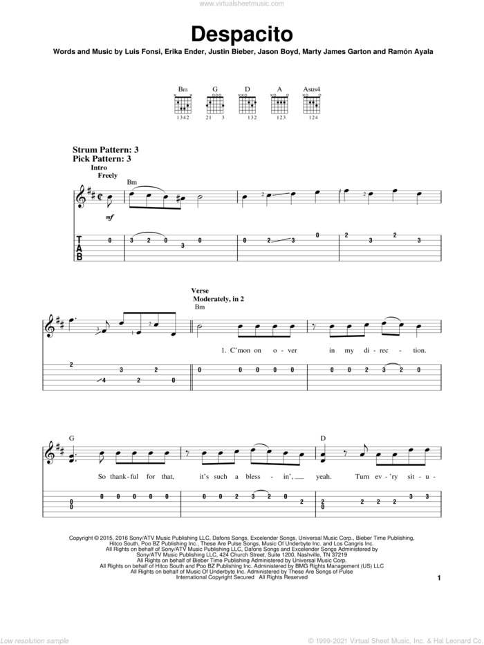 Despacito sheet music for guitar solo (easy tablature) by Luis Fonsi & Daddy Yankee feat. Justin Bieber, Erika Ender, Luis Fonsi and Ramon Ayala, easy guitar (easy tablature)