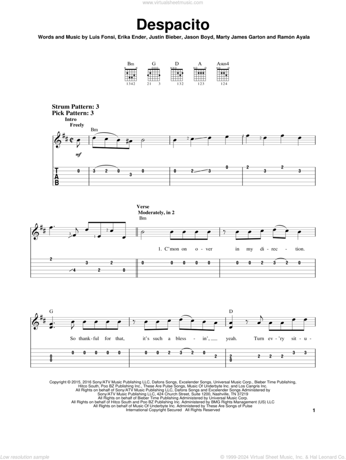 Despacito sheet music for guitar solo (easy tablature) by Luis Fonsi & Daddy Yankee feat. Justin Bieber, Erika Ender, Luis Fonsi and Ramon Ayala, easy guitar (easy tablature)