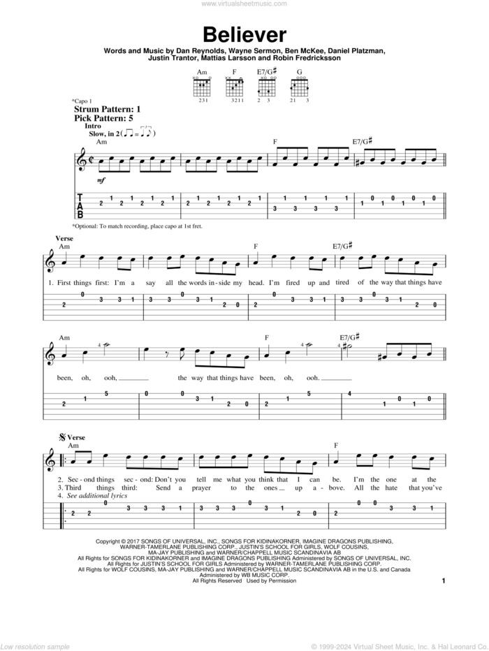 Believer sheet music for guitar solo (easy tablature) by Imagine Dragons, Ben McKee, Dan Reynolds, Daniel Platzman, Justin Tranter, Mattias Larsson, Robin Fredriksson and Wayne Sermon, easy guitar (easy tablature)