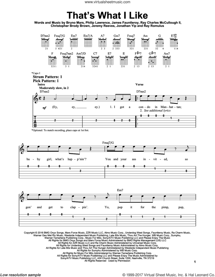 That's What I Like sheet music for guitar solo (easy tablature) by Bruno Mars, Christopher Brody Brown, James Fauntleroy, Jeremy Reeves, Jonathan Yip, Philip Lawrence, Ray Charles McCullough II and Ray Romulus, easy guitar (easy tablature)