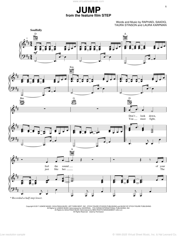 Jump sheet music for voice, piano or guitar by Cynthia Erivo, Laura Karpman, Raphael Saadiq and Taura Stinson, intermediate skill level