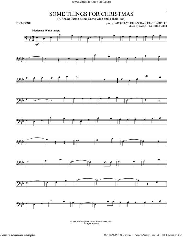 Some Things For Christmas (A Snake, Some Mice, Some Glue And A Hole Too) sheet music for trombone solo by Jacquelyn Reinach and Joan Lamport, intermediate skill level