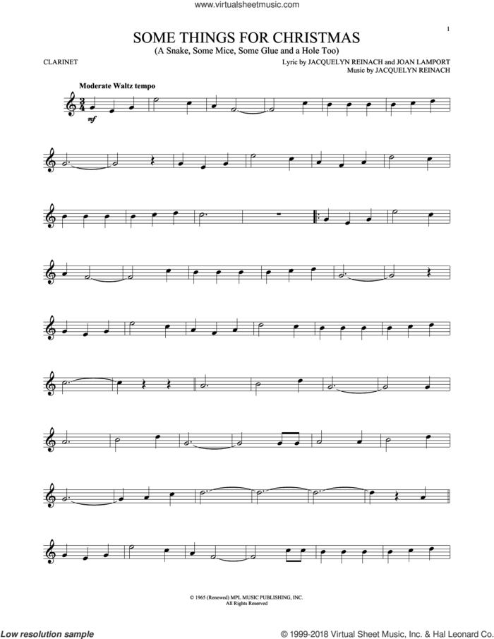 Some Things For Christmas (A Snake, Some Mice, Some Glue And A Hole Too) sheet music for clarinet solo by Jacquelyn Reinach and Joan Lamport, intermediate skill level