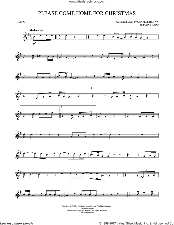 Please Come Home For Christmas sheet music for trumpet solo by Charles Brown, Josh Gracin, Martina McBride, Willie Nelson and Gene Redd, intermediate skill level