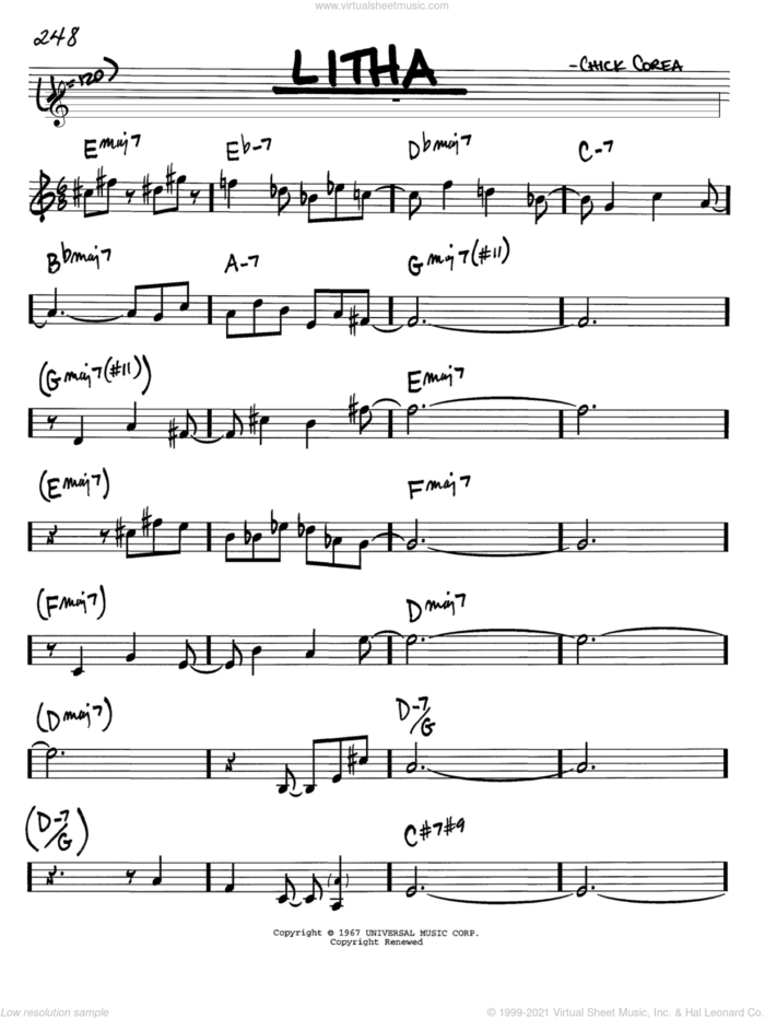 Litha sheet music for voice and other instruments (in Bb) by Chick Corea, intermediate skill level