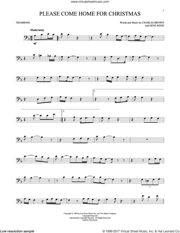 Please Come Home For Christmas sheet music for trombone solo by Charles Brown, Josh Gracin, Martina McBride, Willie Nelson and Gene Redd, intermediate skill level