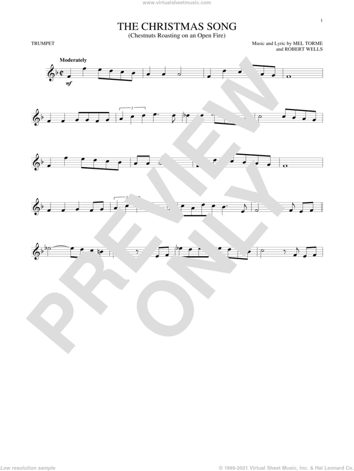 The Christmas Song (Chestnuts Roasting On An Open Fire) sheet music for trumpet solo by Mel Torme, Mel Torme and Robert Wells, intermediate skill level