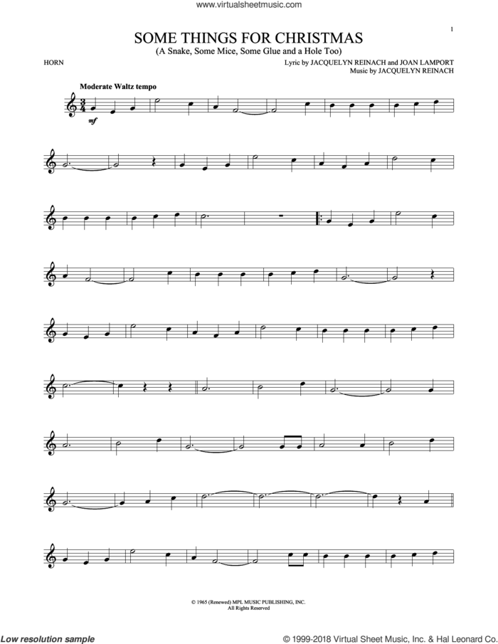 Some Things For Christmas (A Snake, Some Mice, Some Glue And A Hole Too) sheet music for horn solo by Jacquelyn Reinach and Joan Lamport, intermediate skill level