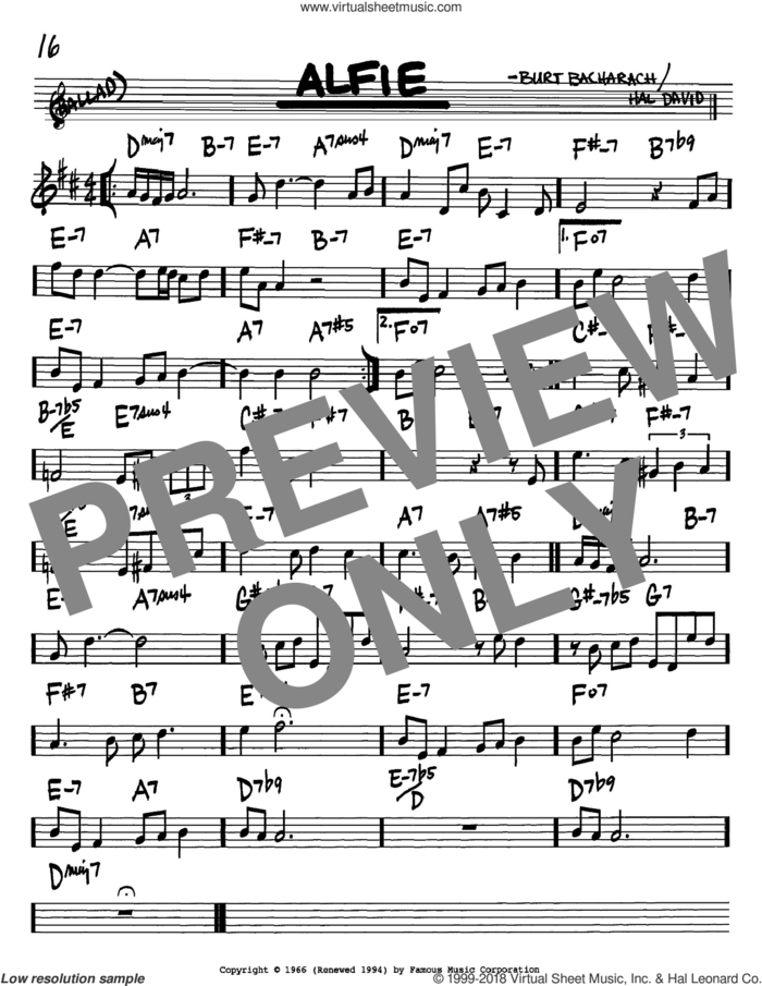 Alfie sheet music for voice and other instruments (in Bb) by Bacharach & David, Burt Bacharach and Hal David, intermediate skill level