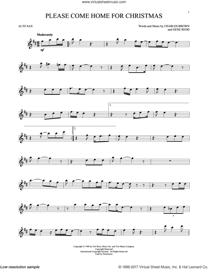 Please Come Home For Christmas sheet music for alto saxophone solo by Charles Brown, Josh Gracin, Martina McBride, Willie Nelson and Gene Redd, intermediate skill level