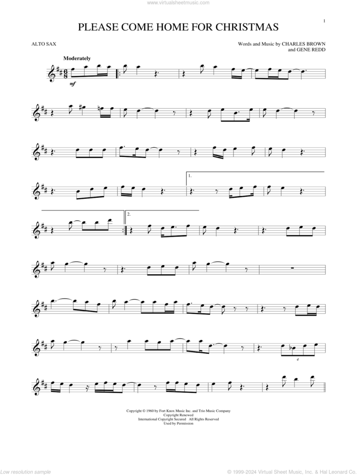 Please Come Home For Christmas sheet music for alto saxophone solo by Charles Brown, Josh Gracin, Martina McBride, Willie Nelson and Gene Redd, intermediate skill level