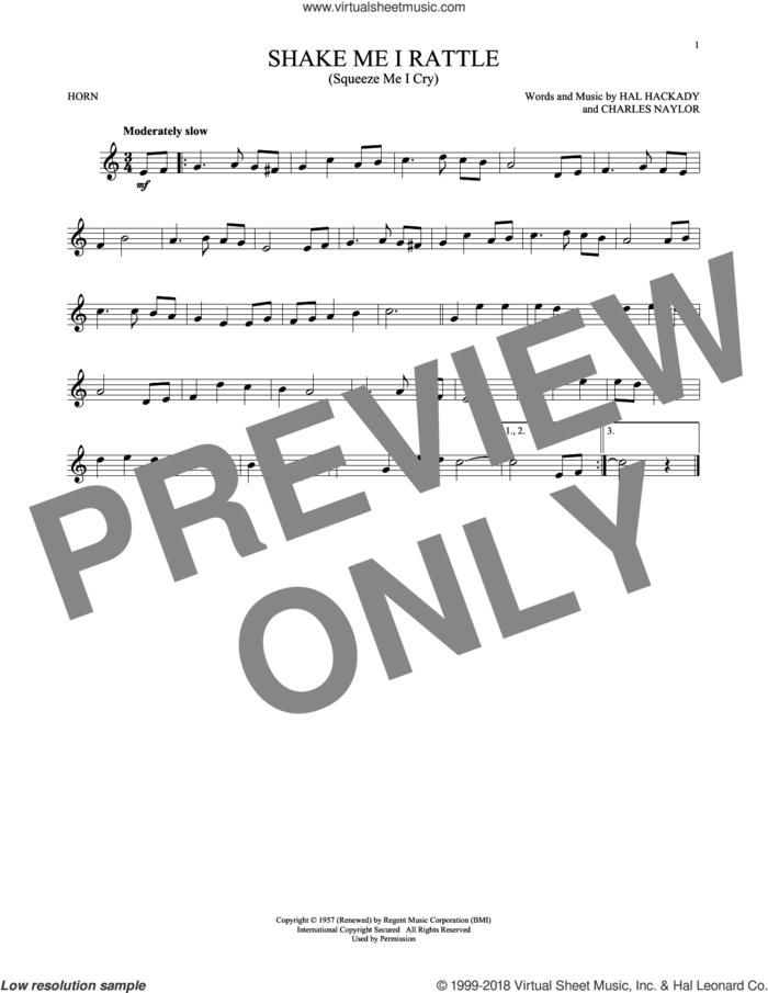 Shake Me I Rattle (Squeeze Me I Cry) sheet music for horn solo by Hal Clayton Hackady and Charles Naylor, intermediate skill level
