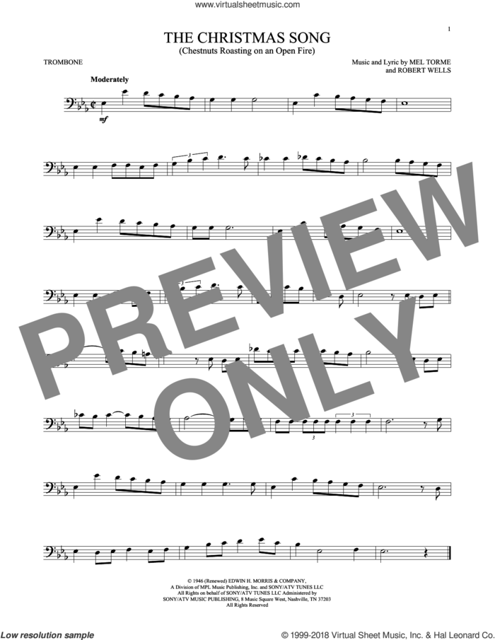 The Christmas Song (Chestnuts Roasting On An Open Fire) sheet music for trombone solo by Mel Torme, Mel Torme and Robert Wells, intermediate skill level