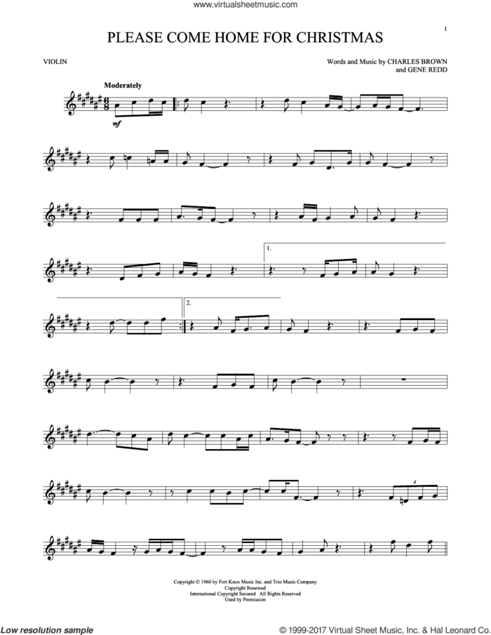 Please Come Home For Christmas sheet music for violin solo by Charles Brown, Josh Gracin, Martina McBride, Willie Nelson and Gene Redd, intermediate skill level