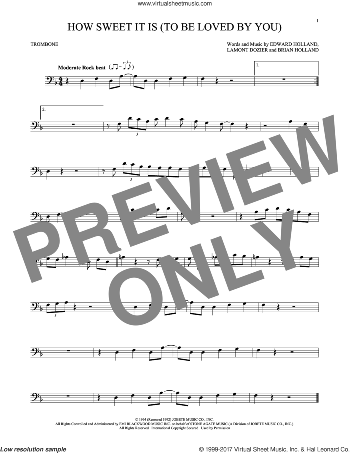 How Sweet It Is (To Be Loved By You) sheet music for trombone solo by James Taylor, Marvin Gaye, Brian Holland, Eddie Holland and Lamont Dozier, intermediate skill level