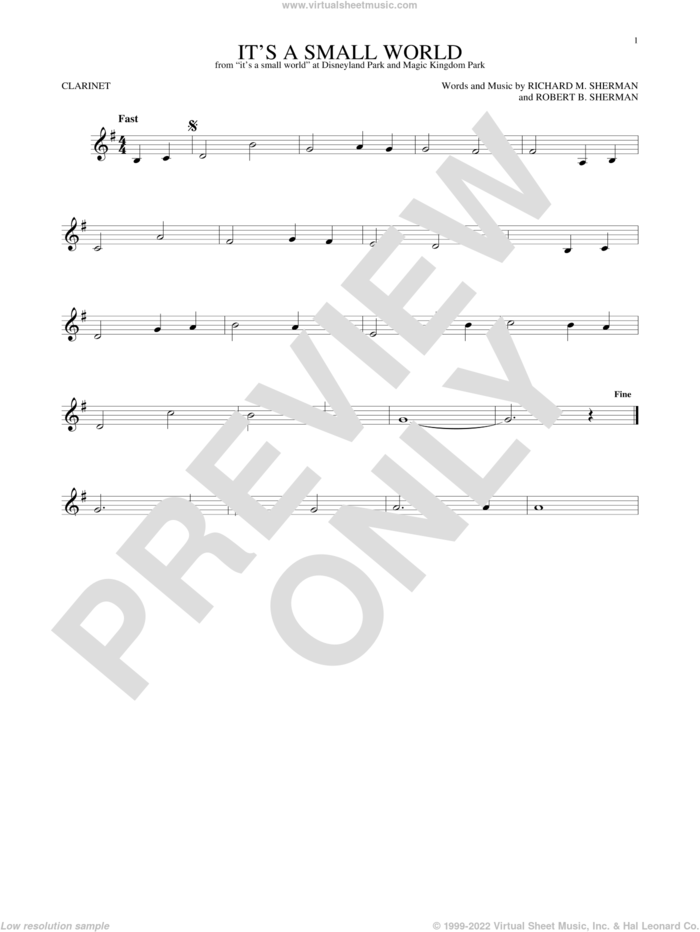It's A Small World sheet music for clarinet solo by Sherman Brothers, Richard M. Sherman and Robert B. Sherman, intermediate skill level