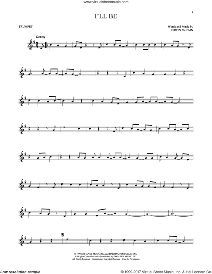 I'll Be sheet music for trumpet solo by Edwin McCain, wedding score, intermediate skill level
