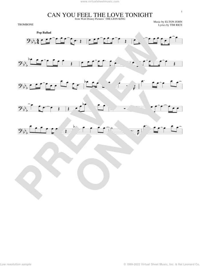 Can You Feel The Love Tonight (from The Lion King) sheet music for trombone solo by Elton John and Tim Rice, wedding score, intermediate skill level