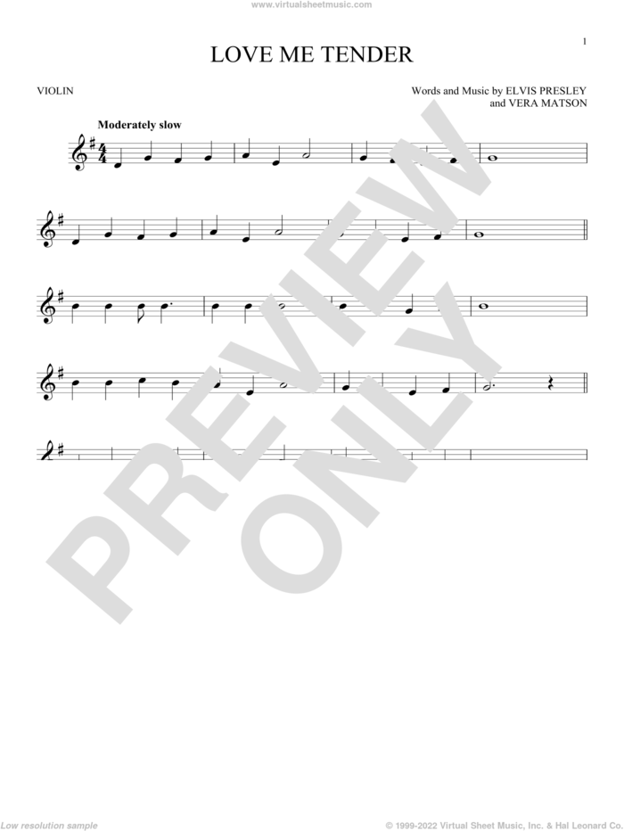 Love Me Tender sheet music for violin solo by Elvis Presley and Vera Matson, wedding score, intermediate skill level