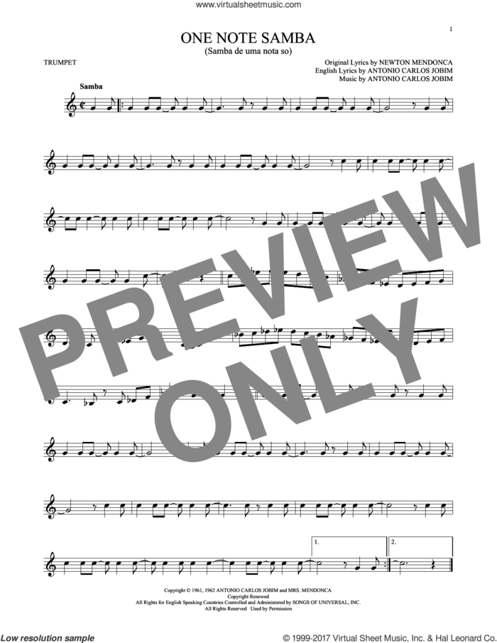 One Note Samba (Samba De Uma Nota So) sheet music for trumpet solo by Antonio Carlos Jobim, Pat Thomas and Newton Mendonca, intermediate skill level