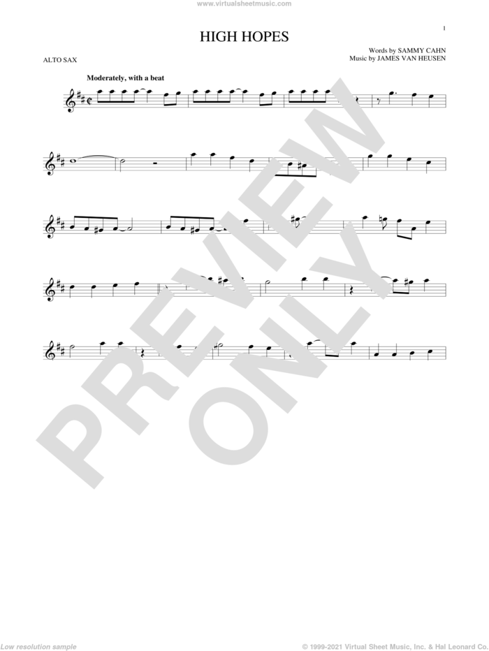 High Hopes sheet music for alto saxophone solo by Sammy Cahn and Jimmy van Heusen, intermediate skill level