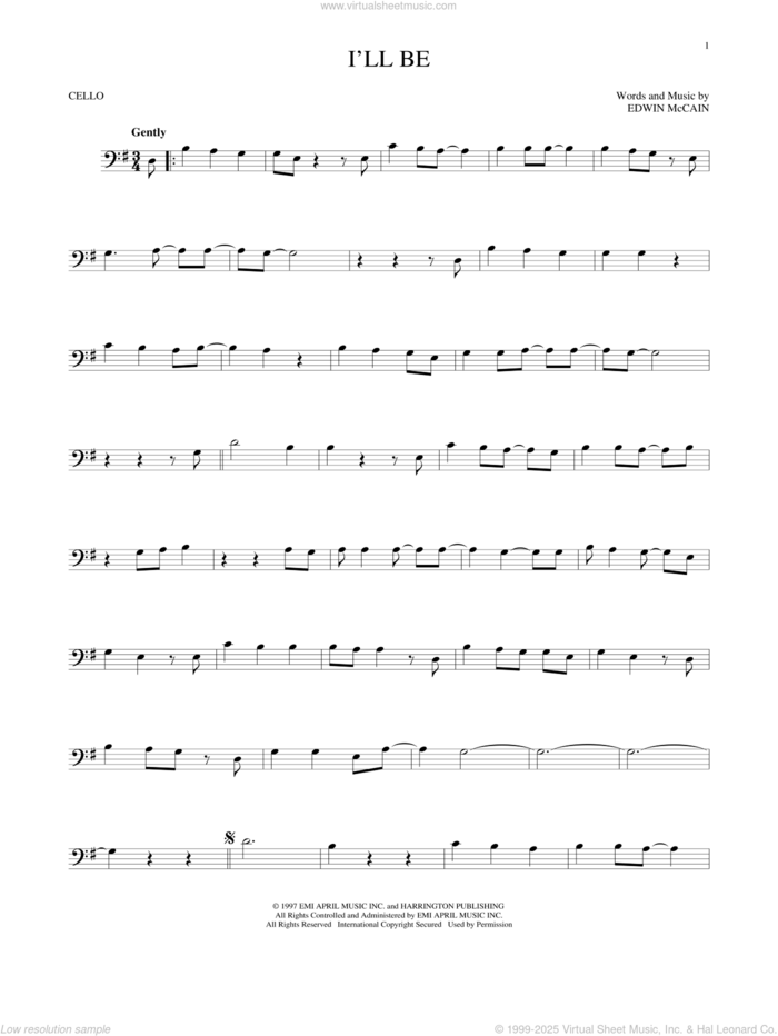 I'll Be sheet music for cello solo by Edwin McCain, wedding score, intermediate skill level