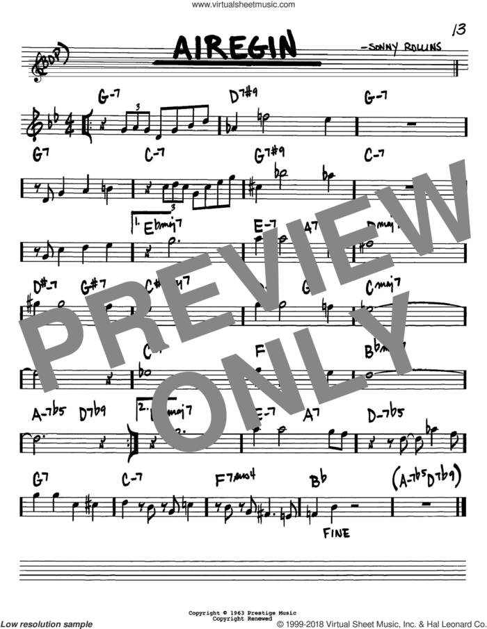 Airegin sheet music for voice and other instruments (in Bb) by John Coltrane and Sonny Rollins, intermediate skill level