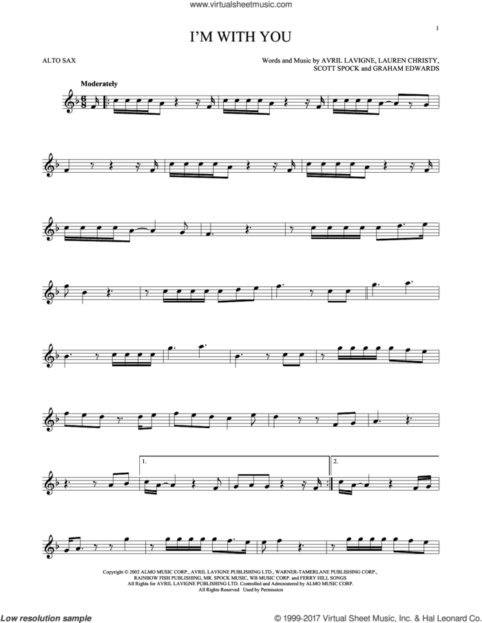 I'm With You sheet music for alto saxophone solo by Avril Lavigne, Graham Edwards, Lauren Christy and Scott Spock, intermediate skill level