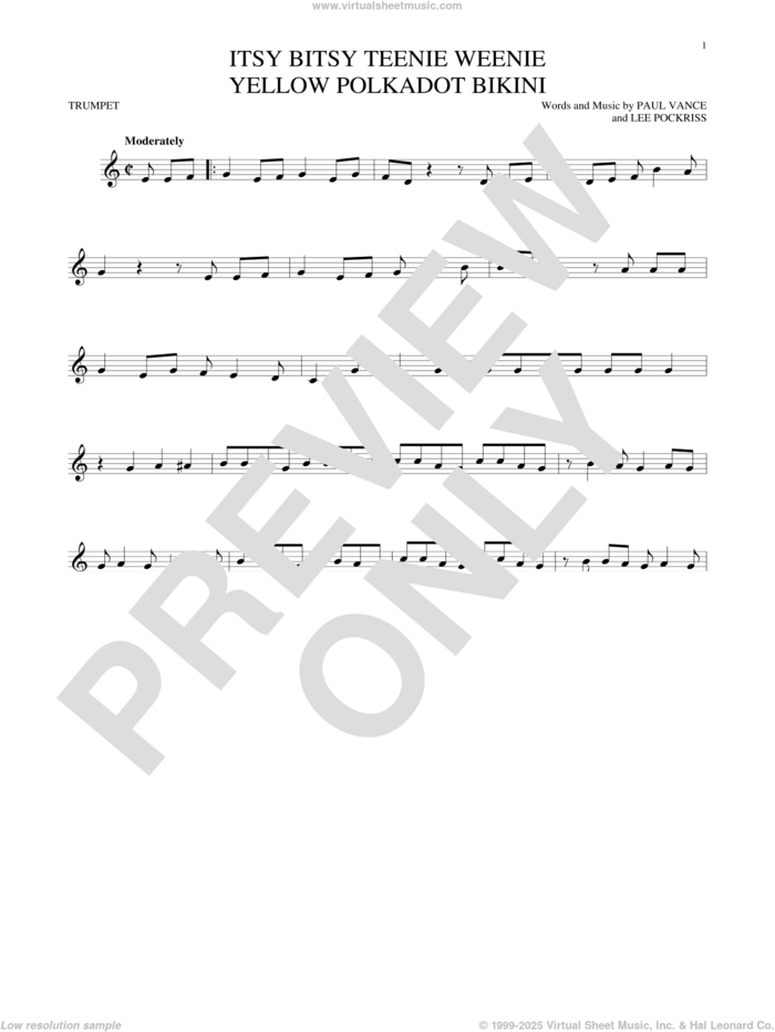 Itsy Bitsy Teenie Weenie Yellow Polkadot Bikini sheet music for trumpet solo by Brian Hyland, Lee Pockriss and Paul Vance, intermediate skill level