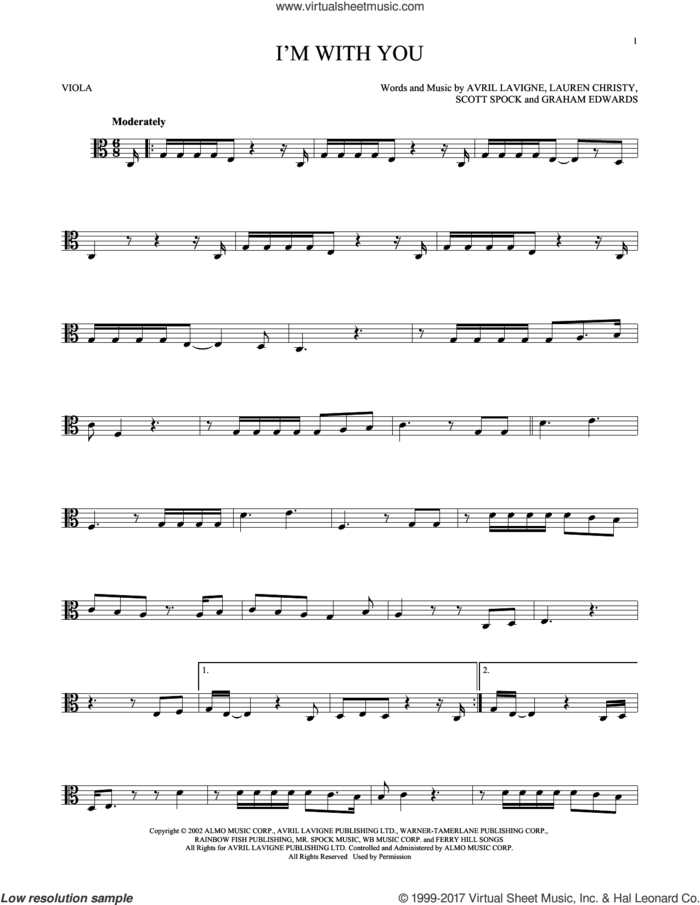 I'm With You sheet music for viola solo by Avril Lavigne, Graham Edwards, Lauren Christy and Scott Spock, intermediate skill level